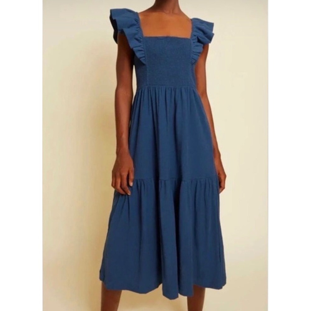 Nation LTD Gwen Tie Back Blue Pima Cotton Ruffle Smocked Tiered Midi Dress S